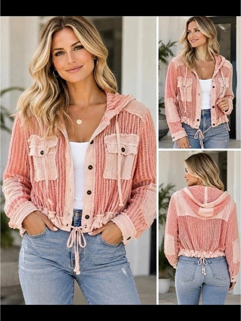 POL Pink crochet utility jacket boHo raw edge
Med.